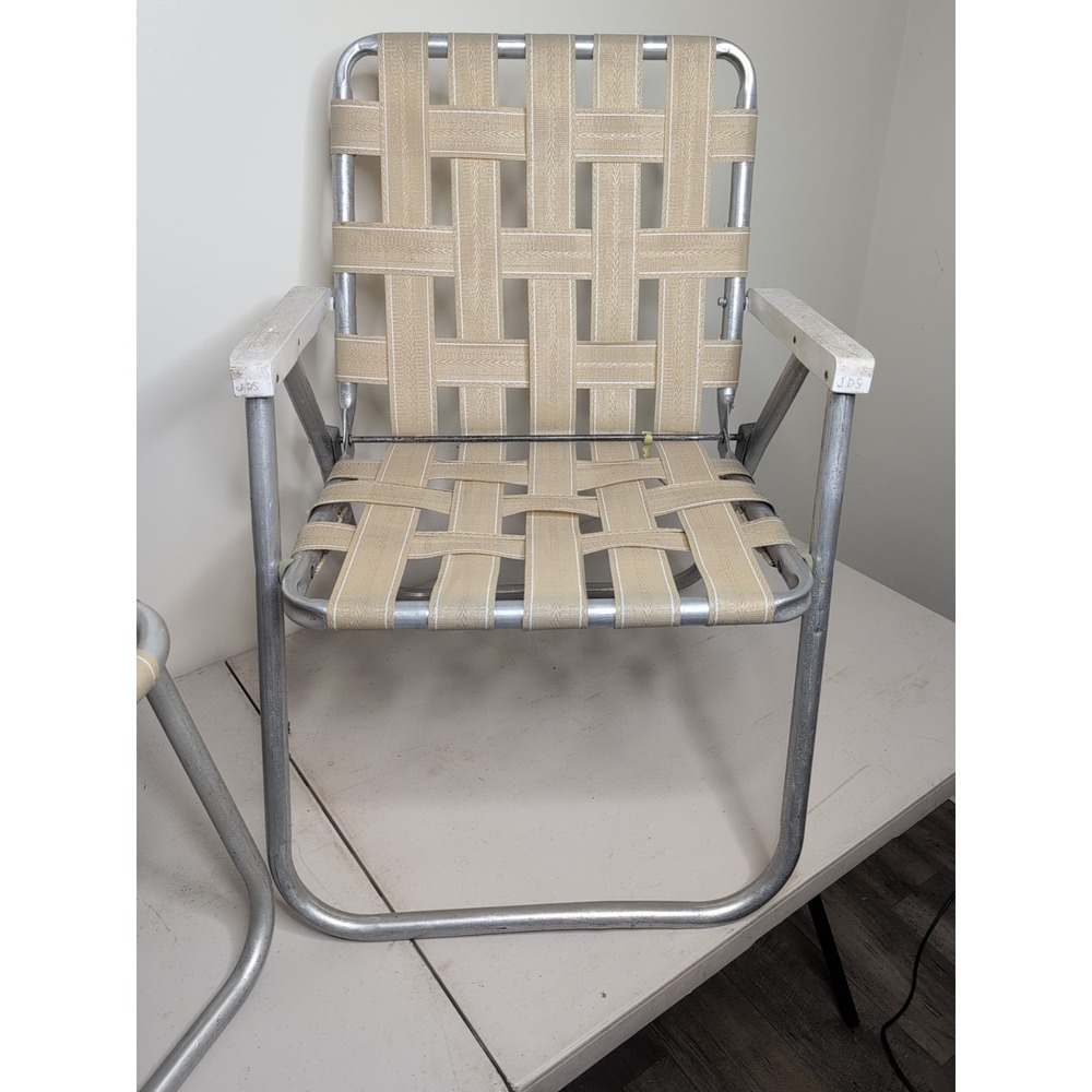 Vtg Pair Sunbeam Webbed Aluminum Folding Lawn Patio Chairs Tan w Replacement Web - Picture 2 of 7